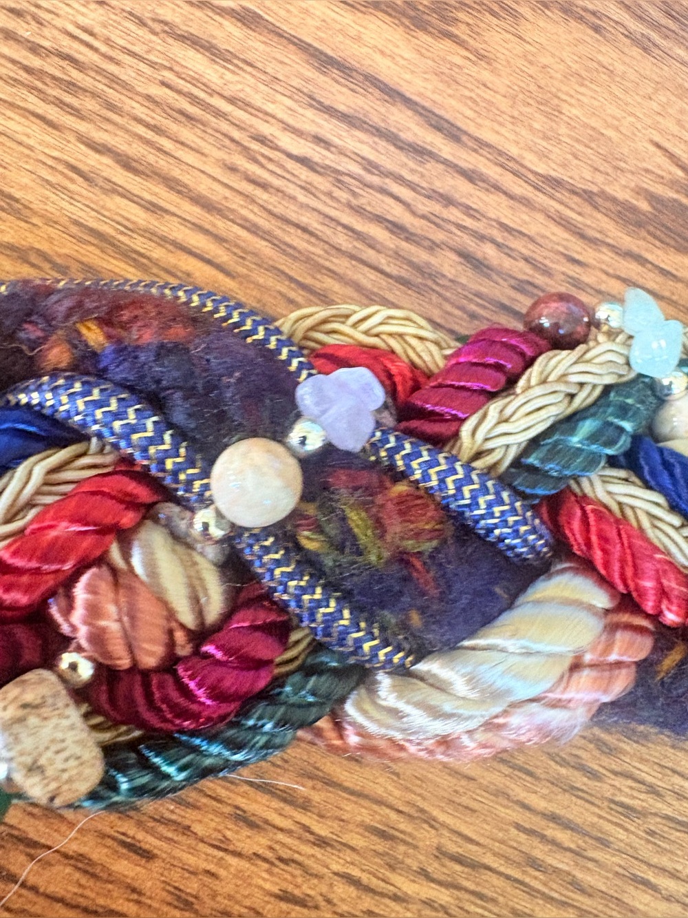 Vintage 80’s Braided Belt Beaded Stones Rope Navy Gold Hook & Beads